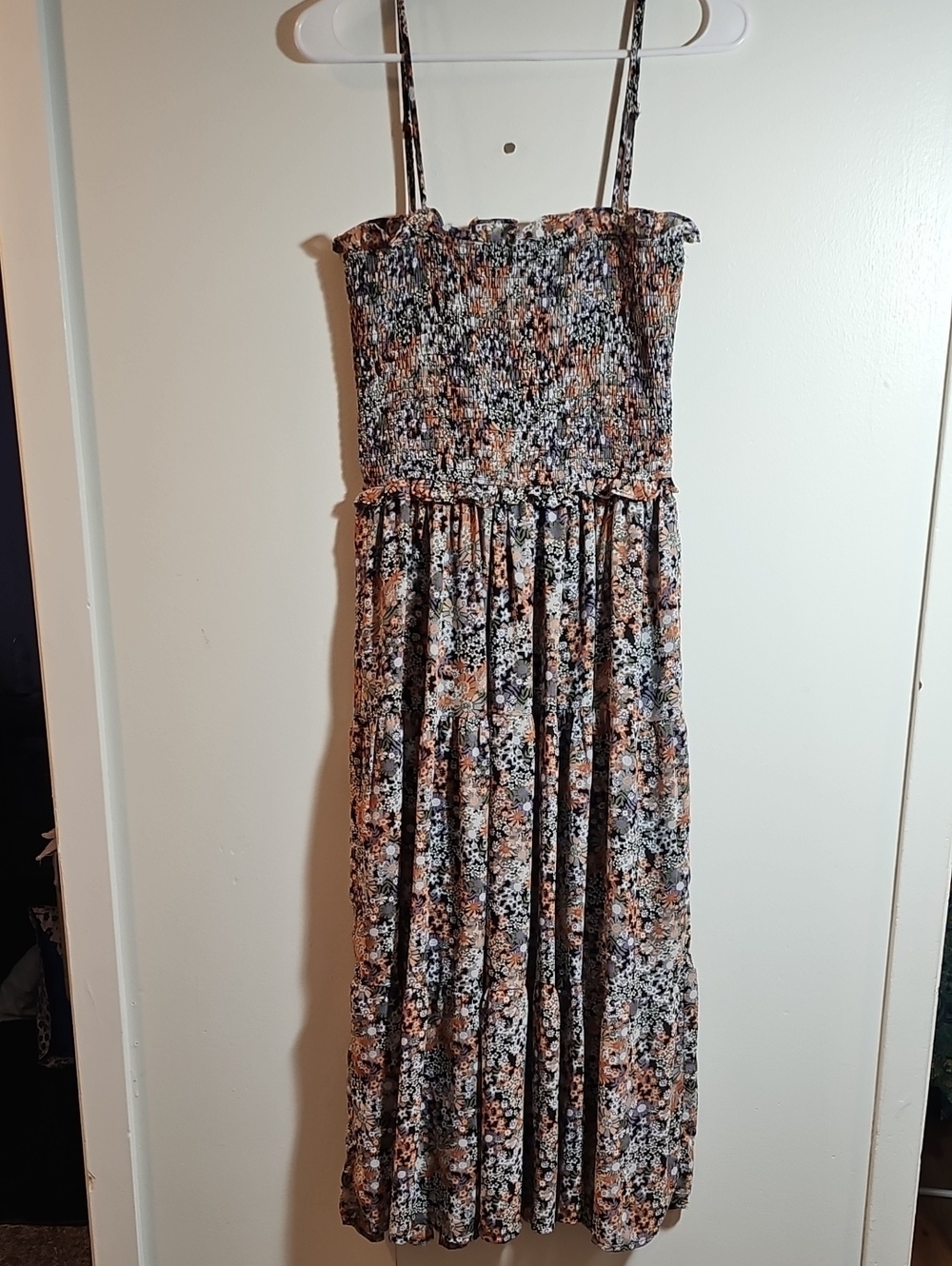 Ento Floral Smocked Midi Dress Black White & Rust Floral Print Sz Small NWOT